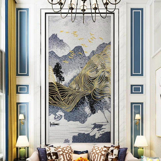 Montañas y ríos, anillo de árbol: obra de arte de mosaico de corte a mano